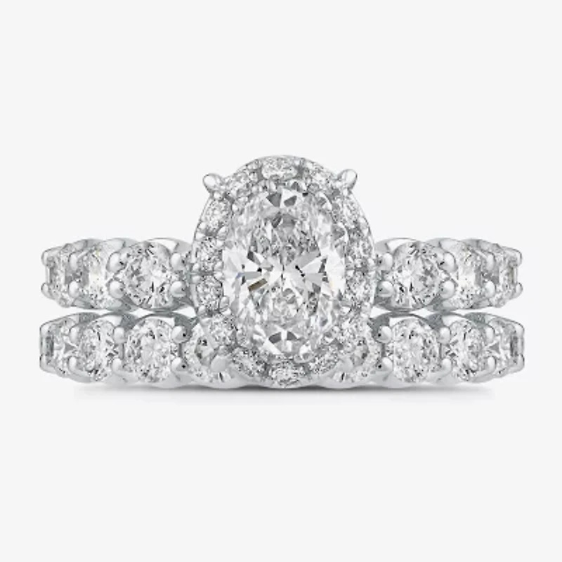 Signature By Modern Bride (G / Si1-Si2) Womens 3 CT. T.W. Lab Grown White Diamond 10K White Gold Oval Side Stone Halo Bridal Set