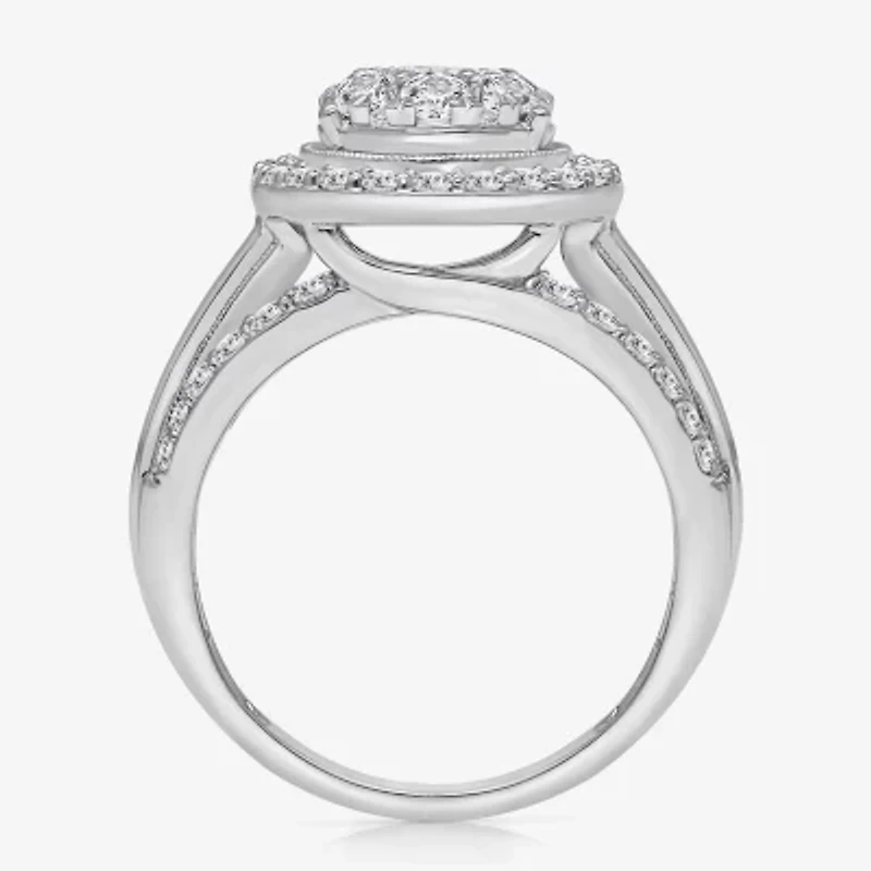 (I / I1) Womens 2 CT. T.W. Lab Grown White Diamond 10K Gold Pear Side Stone Halo Engagement Ring