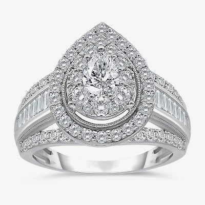 (I / I1) Womens 2 CT. T.W. Lab Grown White Diamond 10K Gold Pear Side Stone Halo Engagement Ring