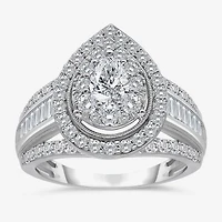(I / I1) Womens 2 CT. T.W. Lab Grown White Diamond 10K Gold Pear Side Stone Halo Engagement Ring