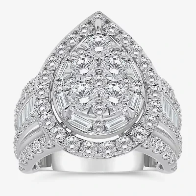 Womens 4 CT. T.W. White Diamond 10K Gold Pear Side Stone Halo Engagement Ring