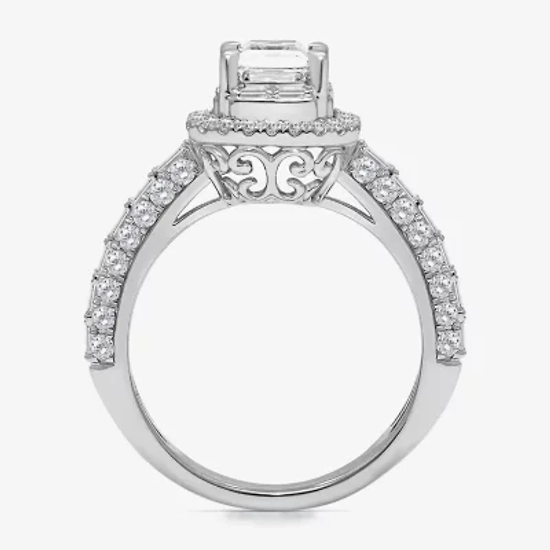 (I / I1) Womens 2 CT. T.W. Lab Grown White Diamond 10K Gold Side Stone Halo Engagement Ring