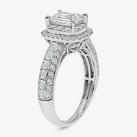 (I / I1) Womens 2 CT. T.W. Lab Grown White Diamond 10K Gold Rectangular Side Stone Halo Engagement Ring