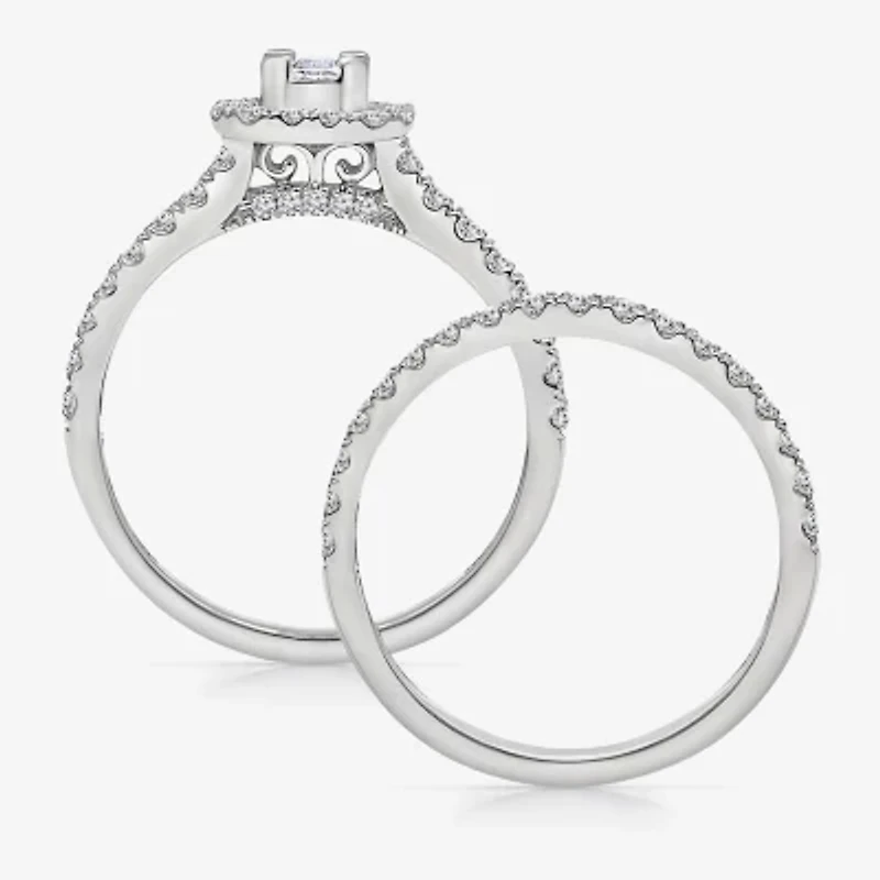(I / I1) Womens 1 CT. T.W. Lab Grown White Diamond 10K Gold Side Stone Halo Engagement Ring