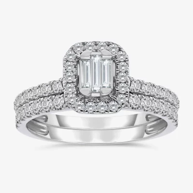 (I / I1) Womens 1 CT. T.W. Lab Grown White Diamond 10K Gold Side Stone Halo Engagement Ring
