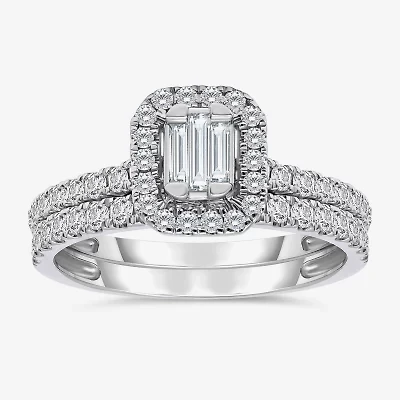 (I / I1) Womens 1 CT. T.W. Lab Grown White Diamond 10K Gold Side Stone Halo Engagement Ring