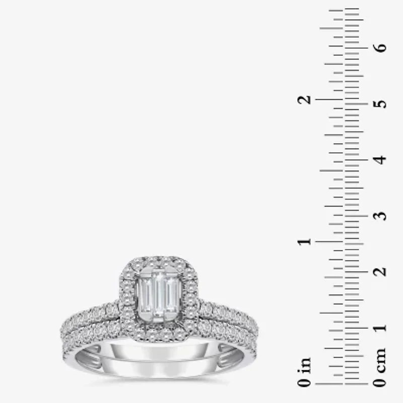 (I / I1) Womens 1 CT. T.W. Lab Grown White Diamond 10K Gold Side Stone Halo Engagement Ring