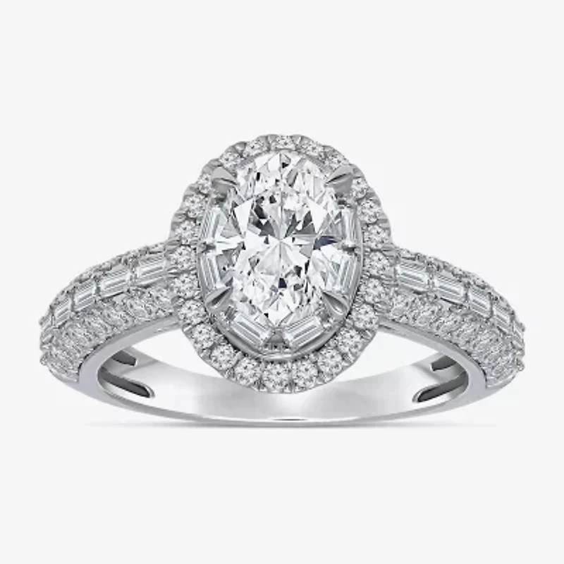 (I / I1) Womens 2 CT. T.W. Lab Grown White Diamond 10K Gold Oval Side Stone Halo Engagement Ring