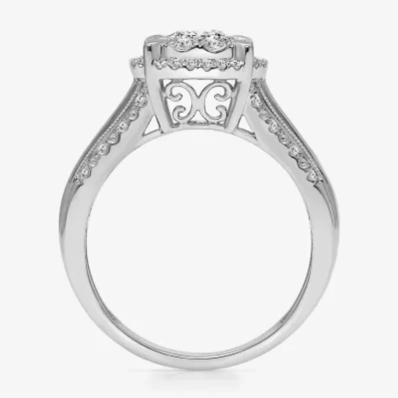 I / I1) Womens CT. T.W. Lab Grown White Diamond 10K Gold Round Side Stone Halo Engagement Ring