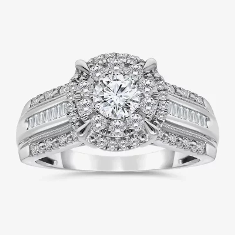 I / I1) Womens CT. T.W. Lab Grown White Diamond 10K Gold Round Side Stone Halo Engagement Ring