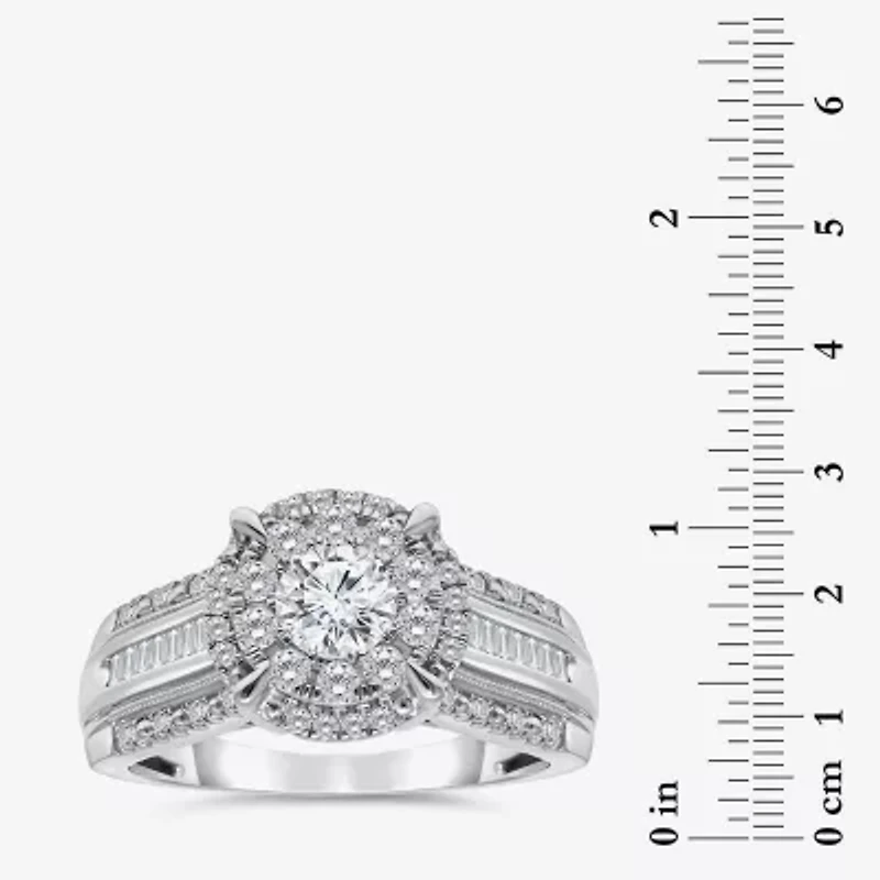 I / I1) Womens CT. T.W. Lab Grown White Diamond 10K Gold Round Side Stone Halo Engagement Ring