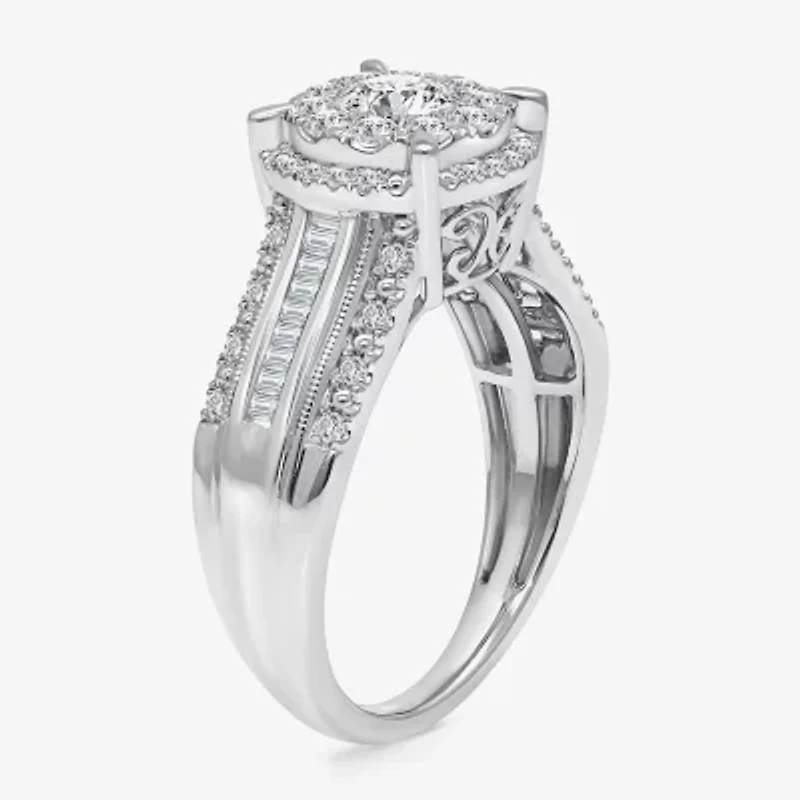 I / I1) Womens CT. T.W. Lab Grown White Diamond 10K Gold Round Side Stone Halo Engagement Ring