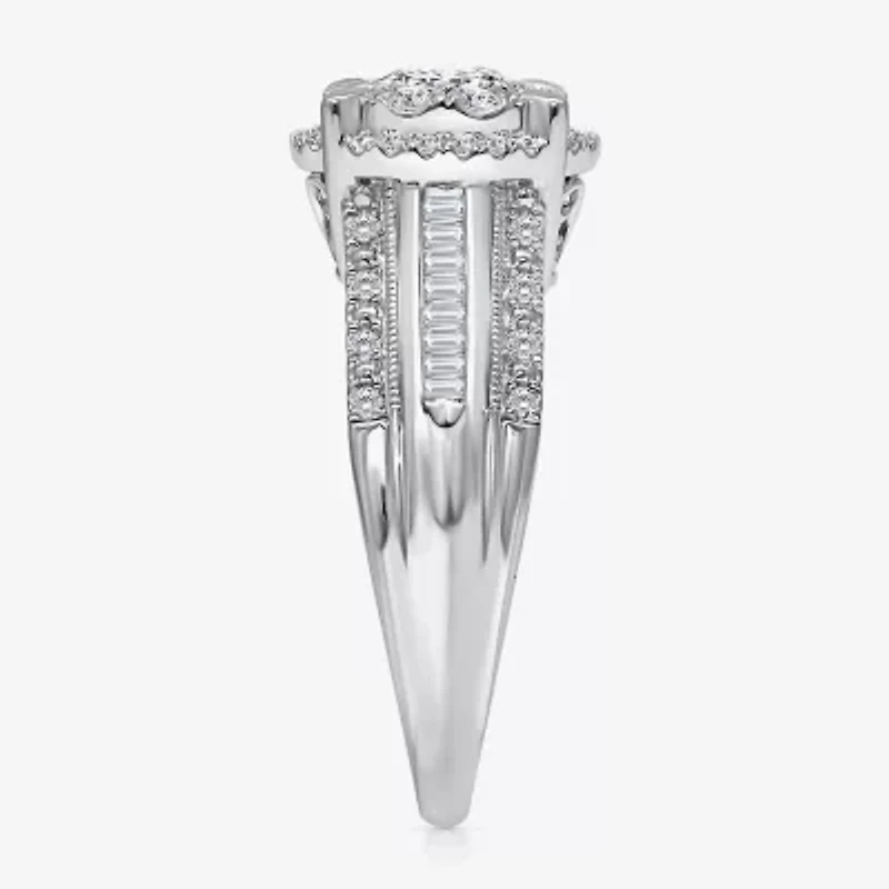 I / I1) Womens CT. T.W. Lab Grown White Diamond 10K Gold Round Side Stone Halo Engagement Ring