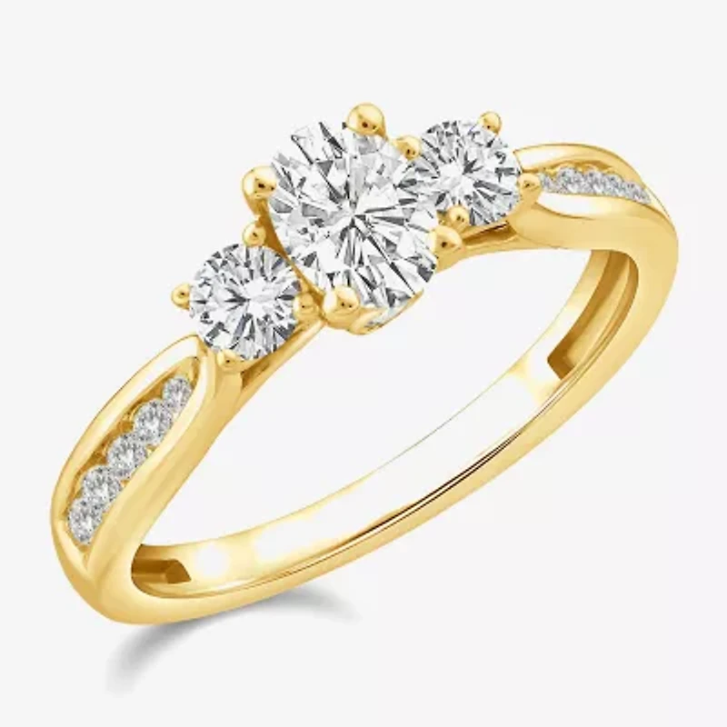 Love Lives Forever Lab Grown - (G / Si1-Si2) Womens 1 CT. T.W. White Diamond 10K Gold Oval Round Side Stone 3-Stone Engagement Ring
