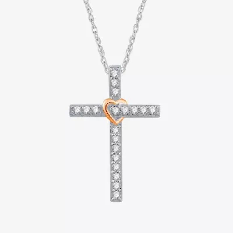 Womens 1/4 CT. T.W. Lab Grown White Diamond 14K Rose Gold Over Silver Sterling Silver Cross 18 Inch Pendant Necklace