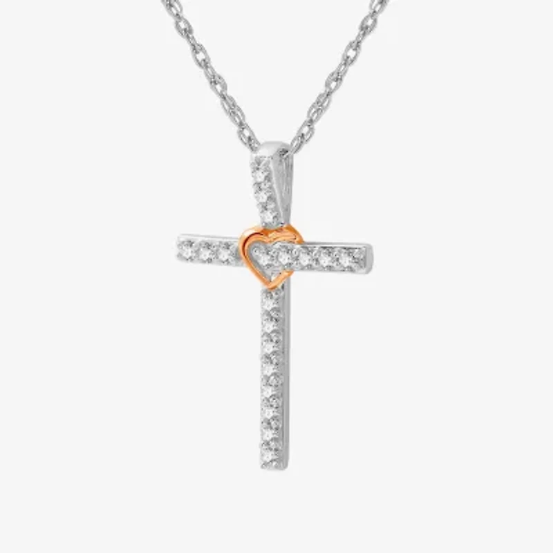 Womens 1/4 CT. T.W. Lab Grown White Diamond 14K Rose Gold Over Silver Sterling Silver Cross 18 Inch Pendant Necklace