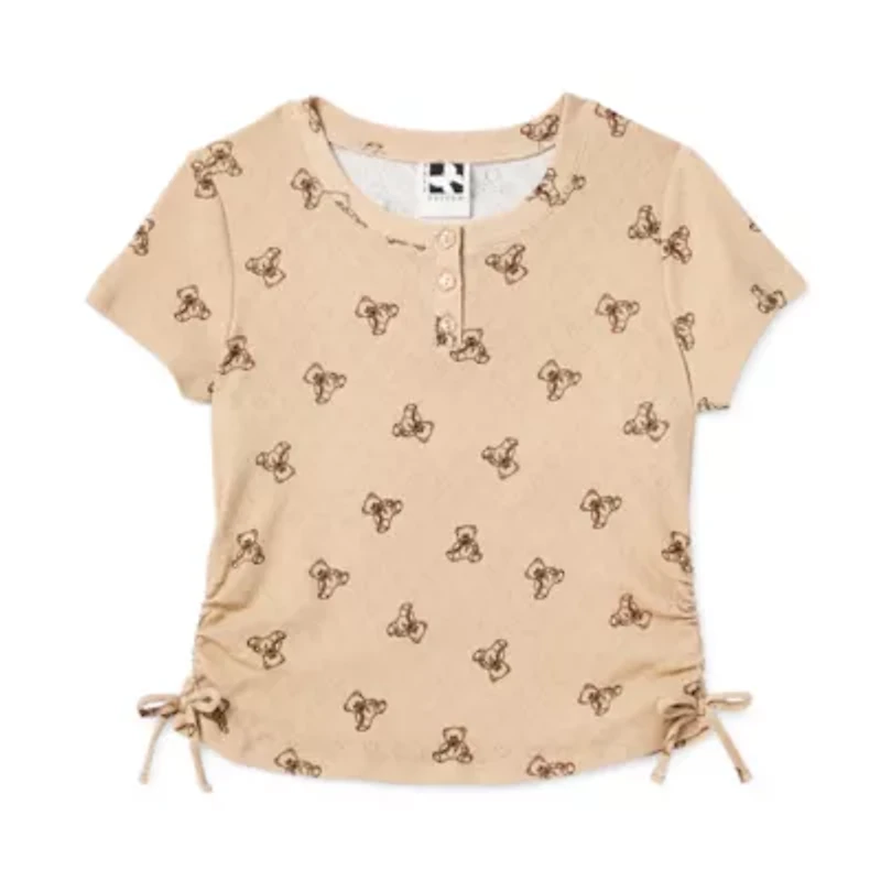 Self Esteem Side Cinch Big Kid Girls Henley Neck Short Sleeve T-Shirt