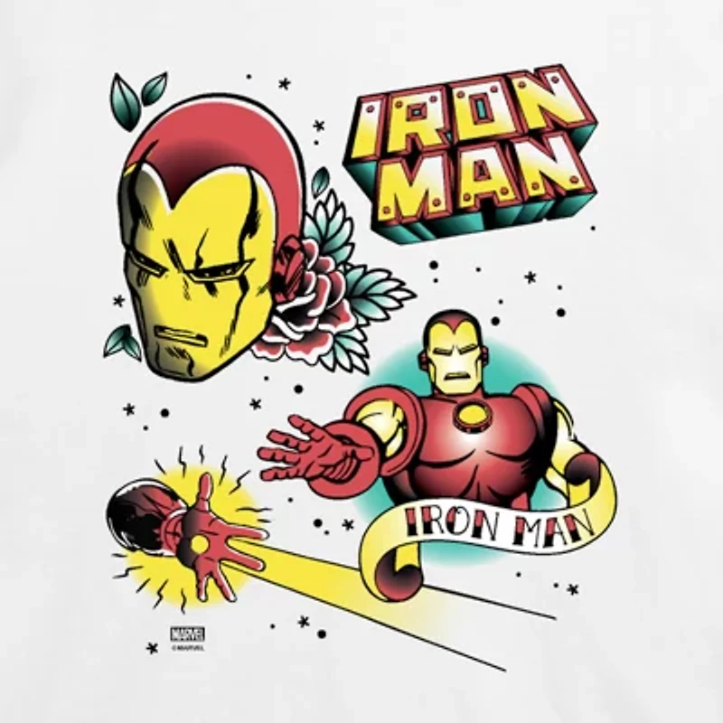 Traditional Tattoo Womens Juniors Crew Neck Short Sleeve Classic Fit Iron Man Marvel Graphic T-Shirt