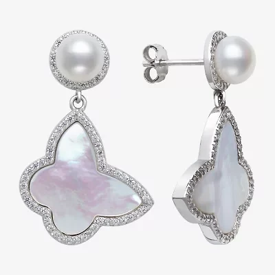 Womens Genuine White Mother Of Pearl Sterling Silver Butterfly Drop Earrings