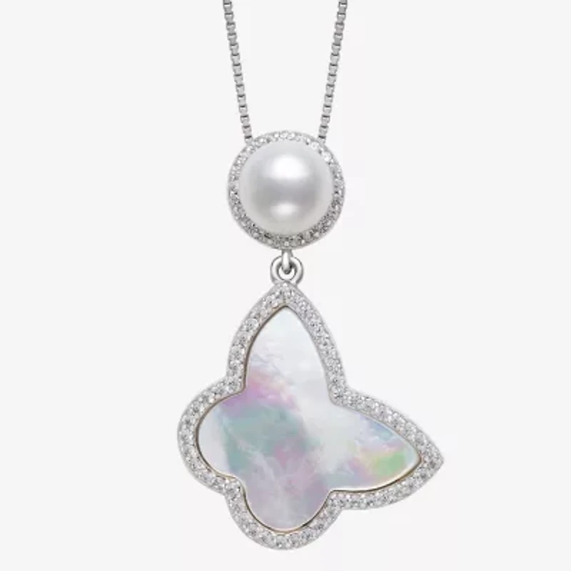Womens Genuine White Mother Of Pearl Sterling Silver Butterfly 18 Inch Pendant Necklace