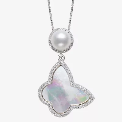 Womens Genuine White Mother Of Pearl Sterling Silver Butterfly 18 Inch Pendant Necklace