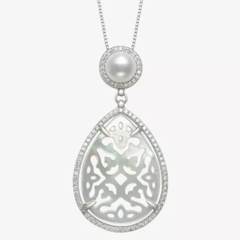 Womens Genuine White Mother Of Pearl Sterling Silver 18 Inch Pendant Necklace