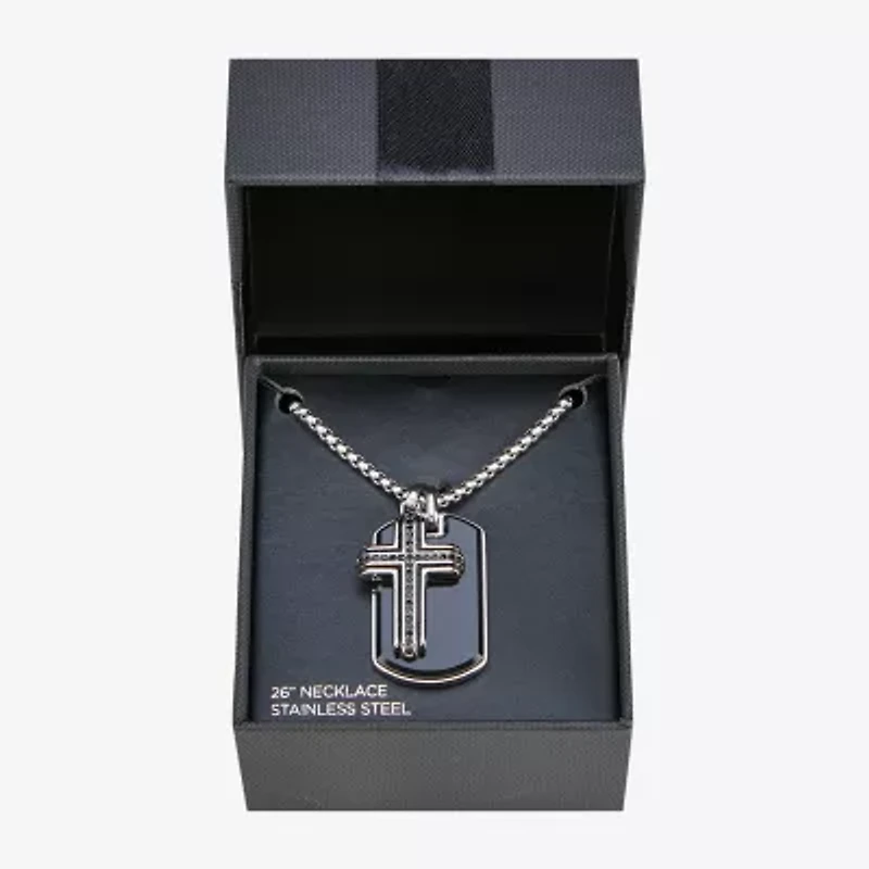 Mens Simulated Black Onyx Stainless Steel Cross 26 Inch Pendant Necklace