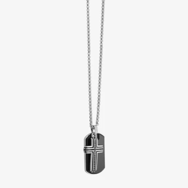 Mens Simulated Black Onyx Stainless Steel Cross 26 Inch Pendant Necklace