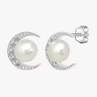 Silver Treasures White Simulated Pearl Sterling Silver 10mm Moon Stud Earrings