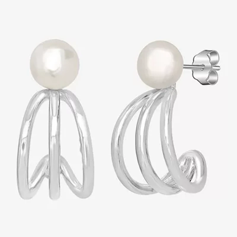 Silver Treasures Womens White Simulated Pearl Sterling Silver 10mm Hoop Earrings