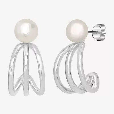 Silver Treasures Womens White Simulated Pearl Sterling Silver 10mm Hoop Earrings