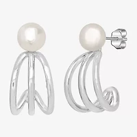 Silver Treasures Womens White Simulated Pearl Sterling Silver 10mm Hoop Earrings