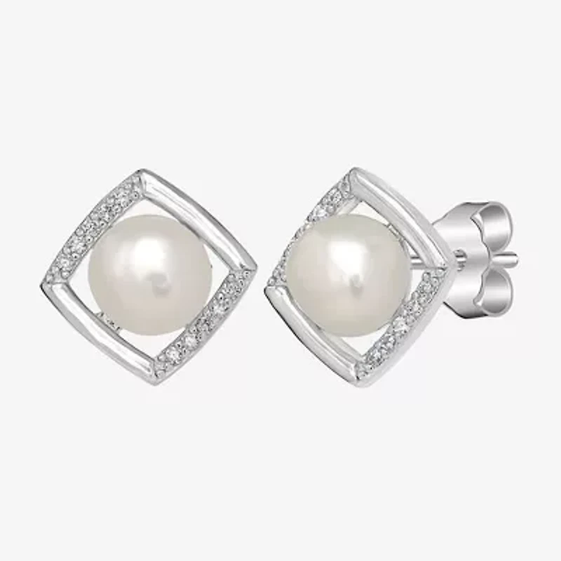 Silver Treasures White Simulated Pearl Sterling Silver 10mm Square Stud Earrings