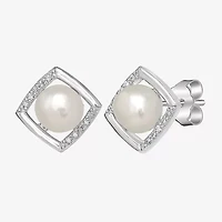 Silver Treasures White Simulated Pearl Sterling Silver 10mm Square Stud Earrings