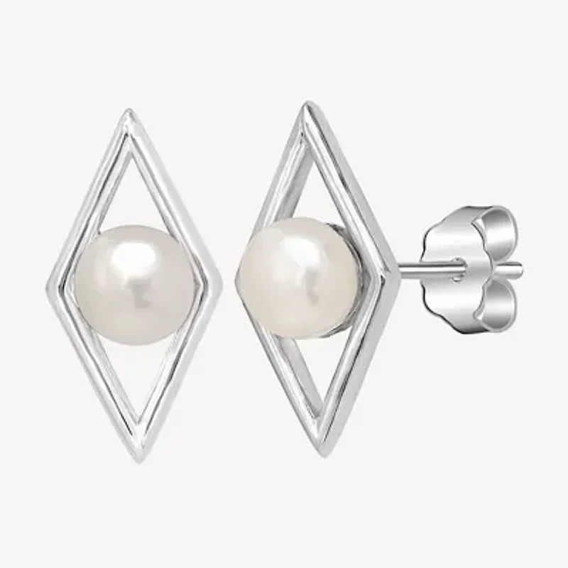 Silver Treasures White Simulated Pearl Sterling Silver 13mm Diamond Stud Earrings