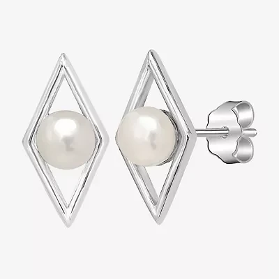 Silver Treasures White Simulated Pearl Sterling Silver 13mm Diamond Stud Earrings