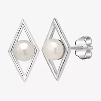 Silver Treasures White Simulated Pearl Sterling Silver 13mm Diamond Stud Earrings