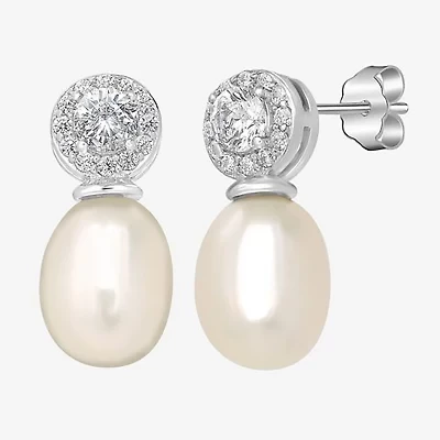 Silver Treasures Womens White Simulated Pearl Sterling Silver Round Drop Earrings