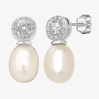 Silver Treasures Womens White Simulated Pearl Sterling Silver Round Drop Earrings
