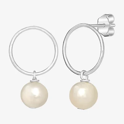 Silver Treasures Womens White Simulated Pearl Sterling Silver Round Drop Earrings