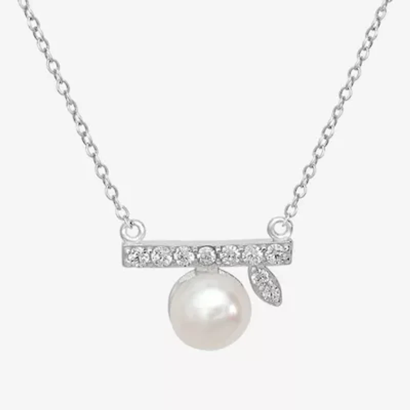 Silver Treasures Womens White Simulated Pearl Sterling Silver Bar 18 Inch Pendant Necklace