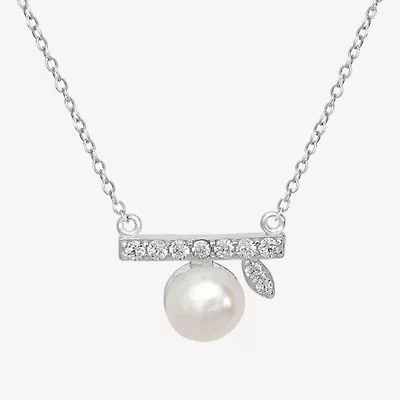 Silver Treasures Womens White Simulated Pearl Sterling Silver Bar 18 Inch Pendant Necklace