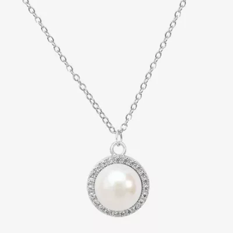 Silver Treasures Womens White Simulated Pearl Sterling Silver Round 18 Inch Pendant Necklace