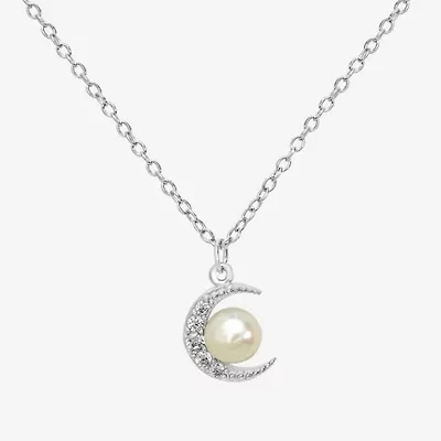 Silver Treasures Womens White Simulated Pearl Sterling Silver Moon 18 Inch Pendant Necklace