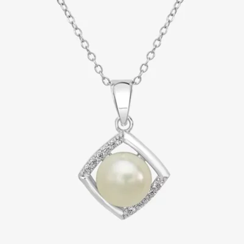Silver Treasures Womens White Simulated Pearl Sterling Silver Square 18 Inch Pendant Necklace
