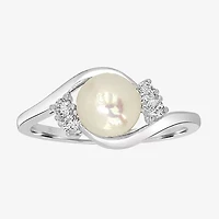 Silver Treasures Womens White Simulated Pearl Sterling Round Delicate Bypass  Promise Ring