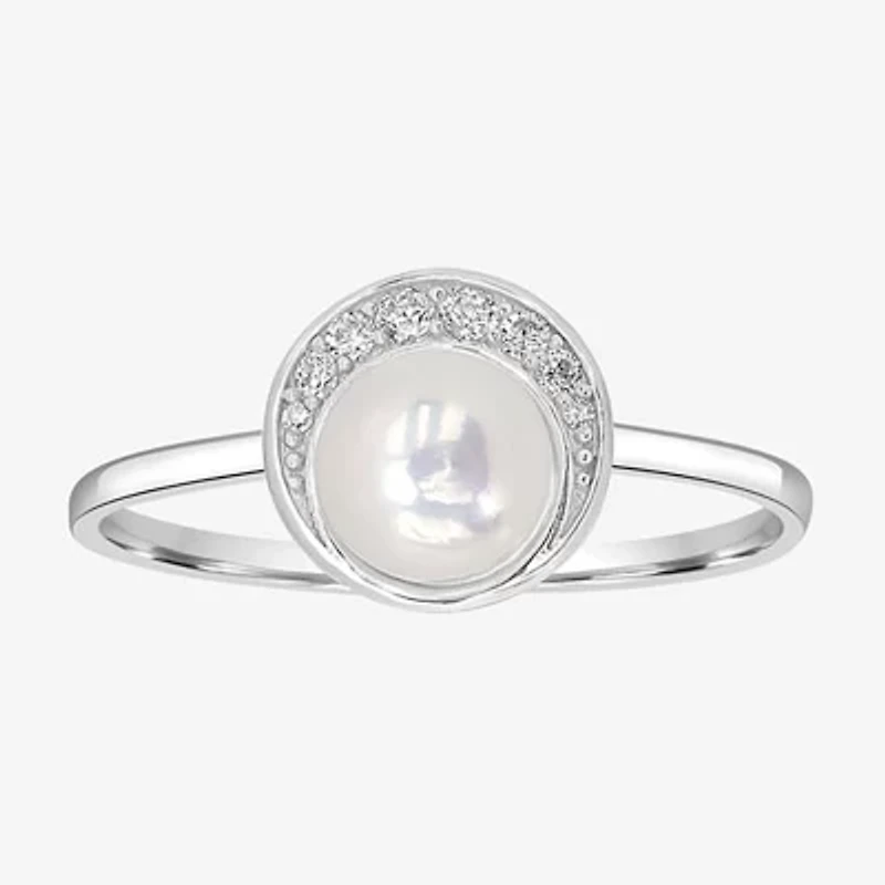 Silver Treasures Womens White Simulated Pearl Sterling Round Delicate Band