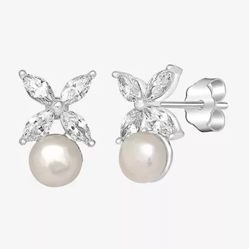 Silver Treasures White Simulated Pearl Sterling Silver 15mm Flower Stud Earrings