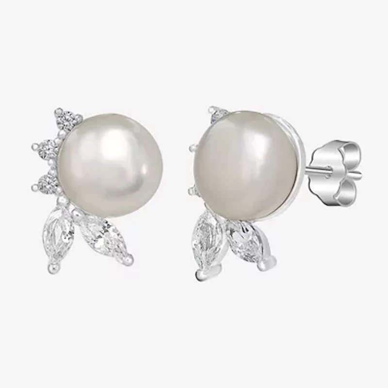 Silver Treasures White Simulated Pearl Sterling Silver Round Stud Earrings