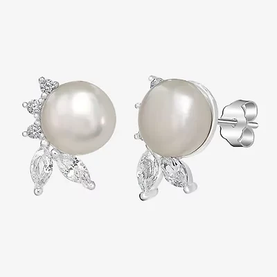 Silver Treasures White Simulated Pearl Sterling Silver Round Stud Earrings